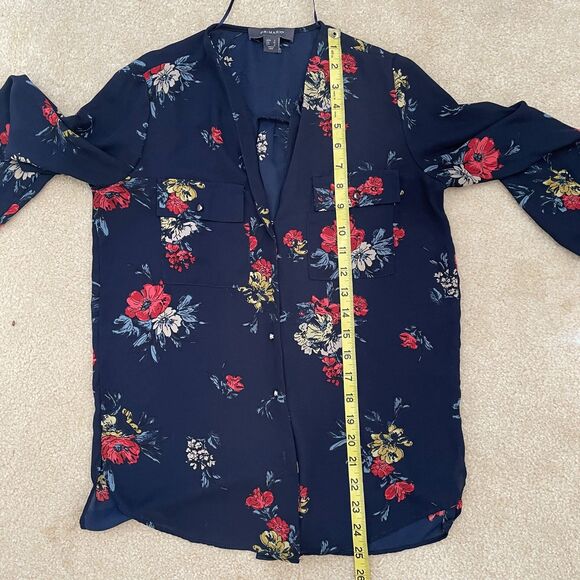 Primark Women's Size 0 Long Sleeve Navy Blue Floral Blouse V-Neck Boho Pocket - Picture 5 of 7